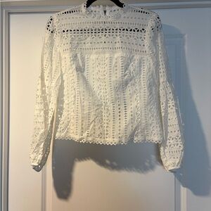 Nanette Lepore White Eyelet Crochet Long-Sleeve Blouse